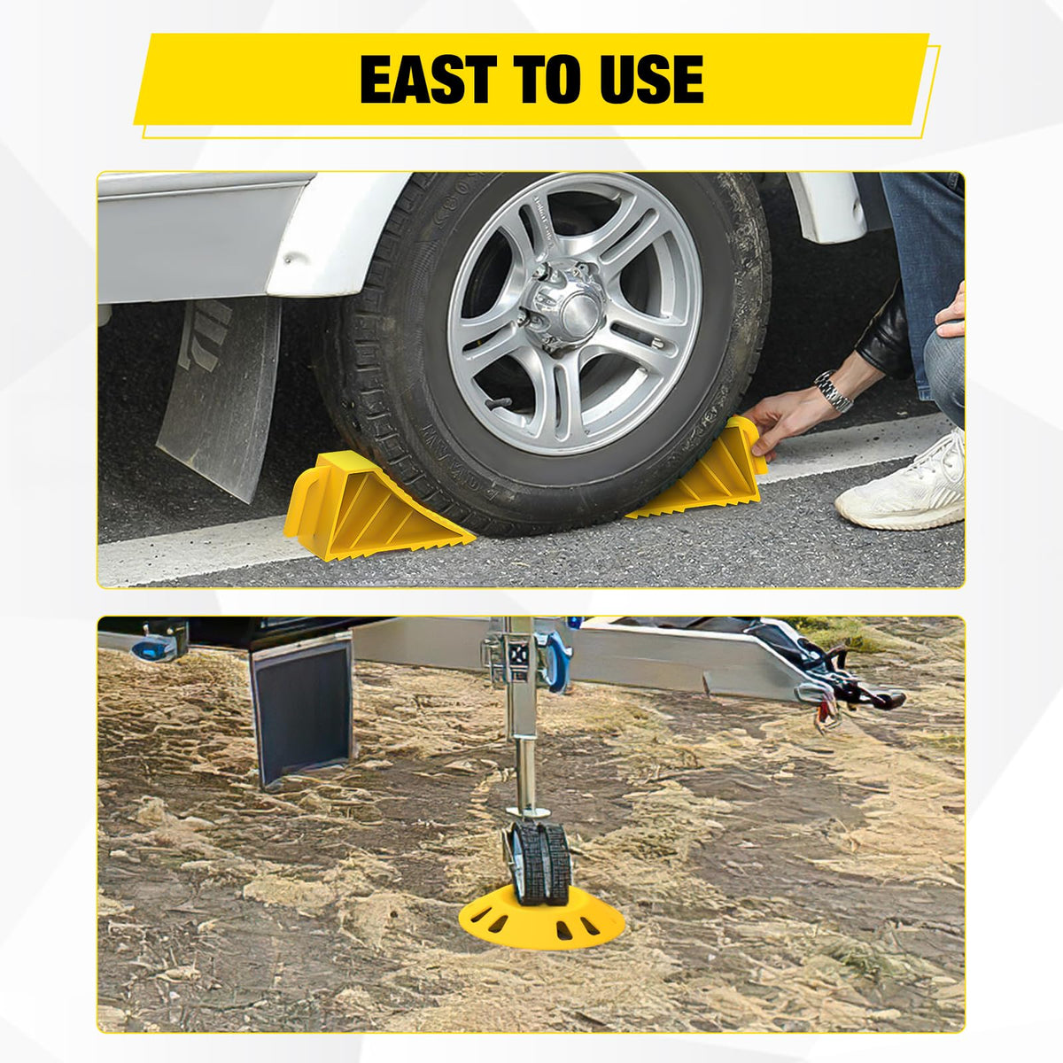 Nilight chocks placed on trailer tire offering roadside stability