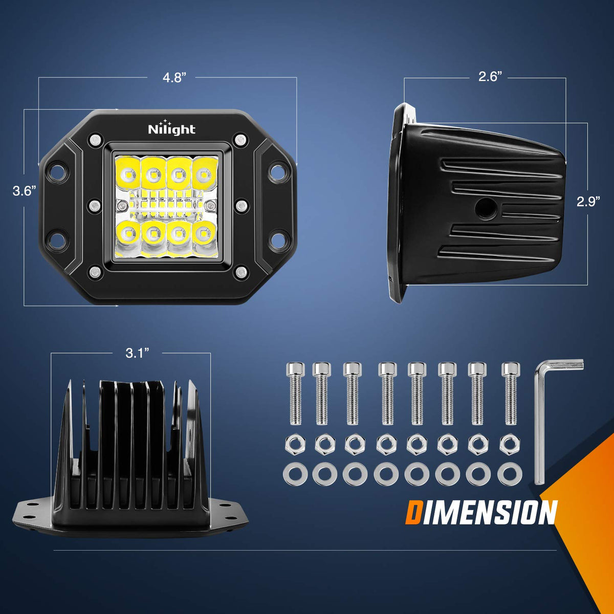 Nilight close-up of triple-row LED array highlighting focused spot and flood benefit
