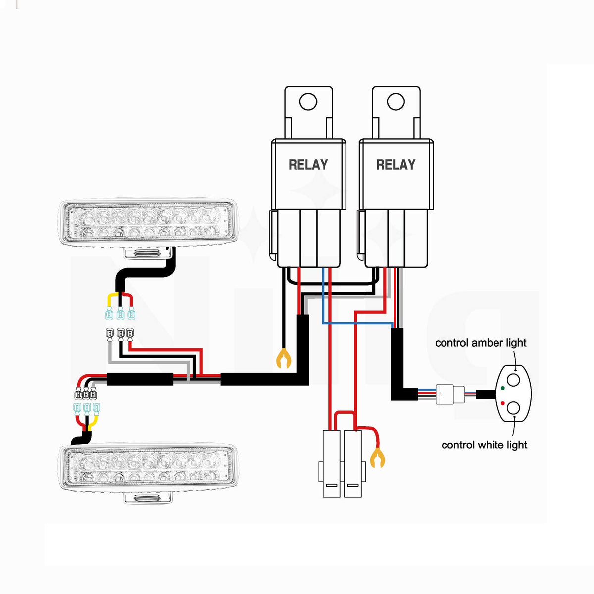 Nilight wiring diagram graphic showing relay, fuse and switch routing for correct setup