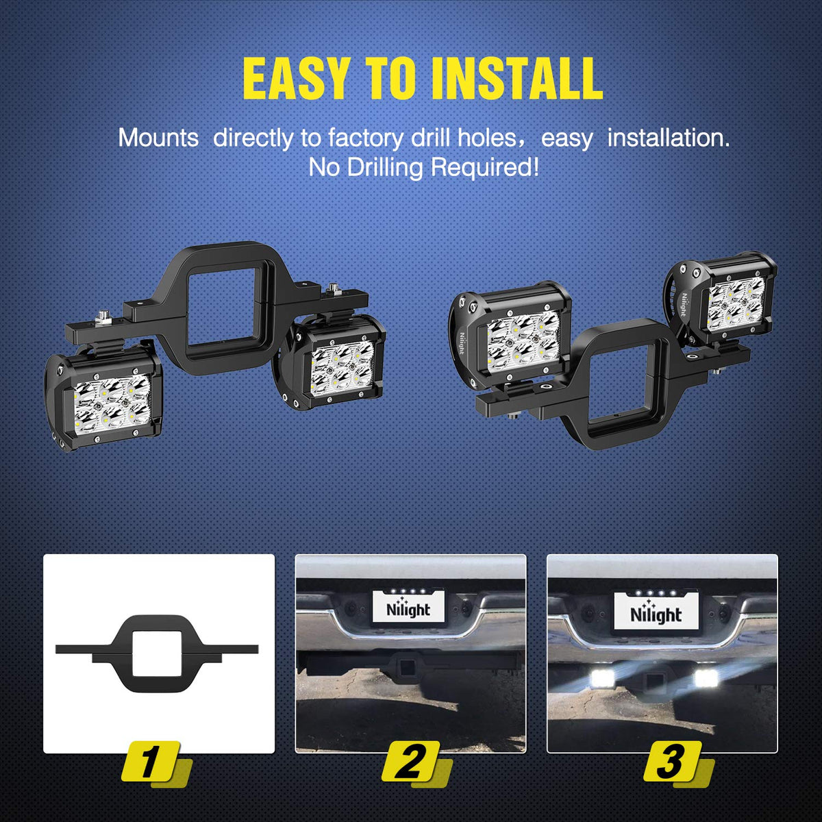 Nilight bracket with dual LED lights mounted in a 2-inch hitch for improved rear visibility