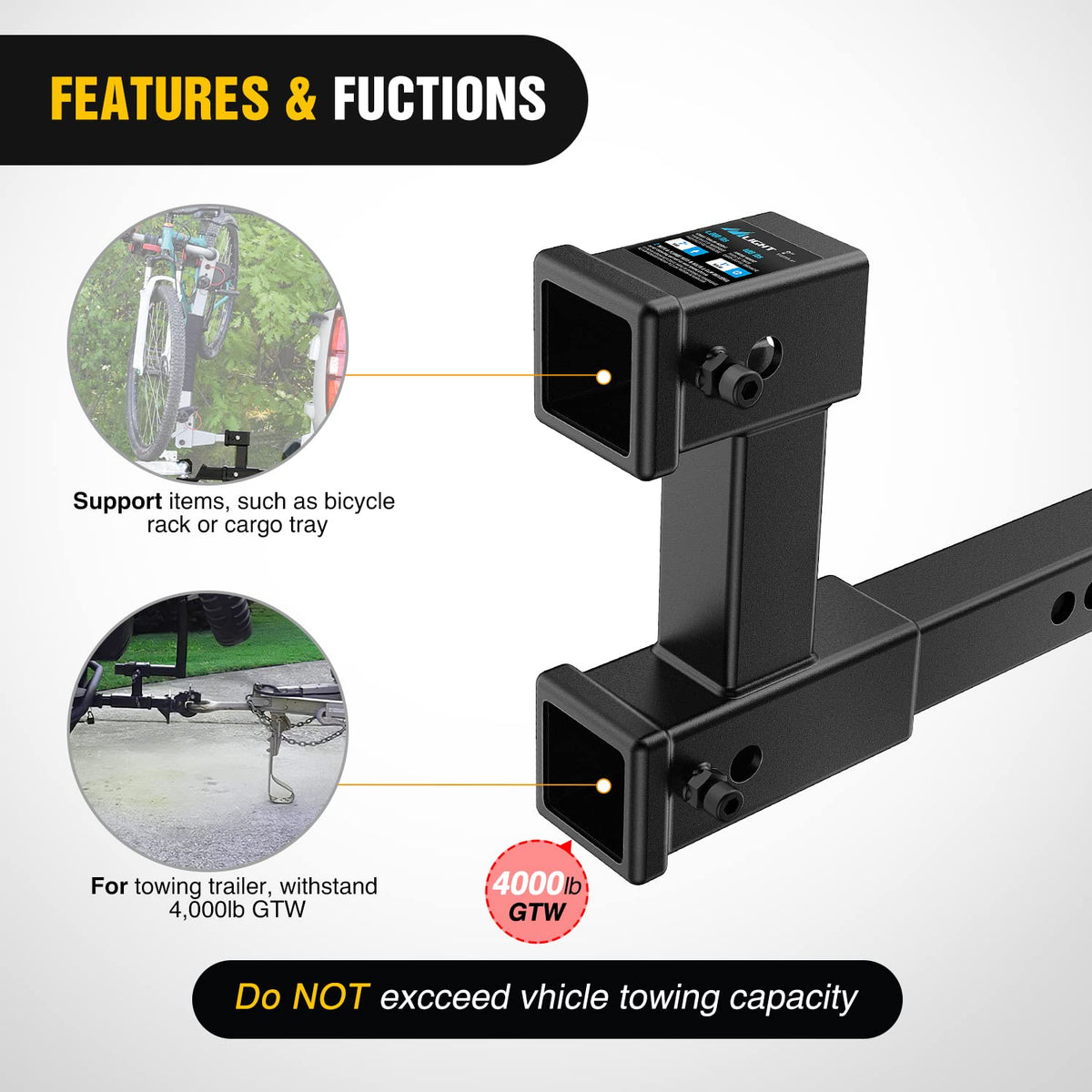 Nilight with bike rack mounted on upper receiver preventing scraping while towing