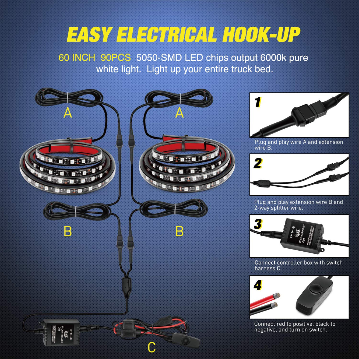Nilight extension cable and two-way splitter laid out showing flexible installation reach