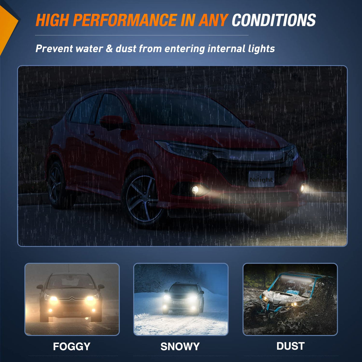 Nilight fog lights beam at night showing 3300K clarity and enhanced road visibility