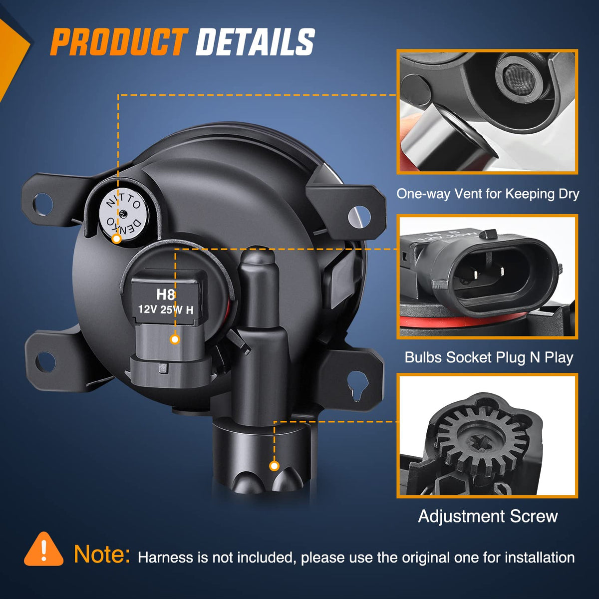Nilight fog light side profile showing mounting points and durable housing benefit