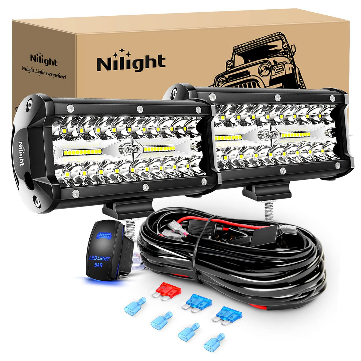 Nilight front view of dual 6.5-inch LED bars showing compact robust design and bright output