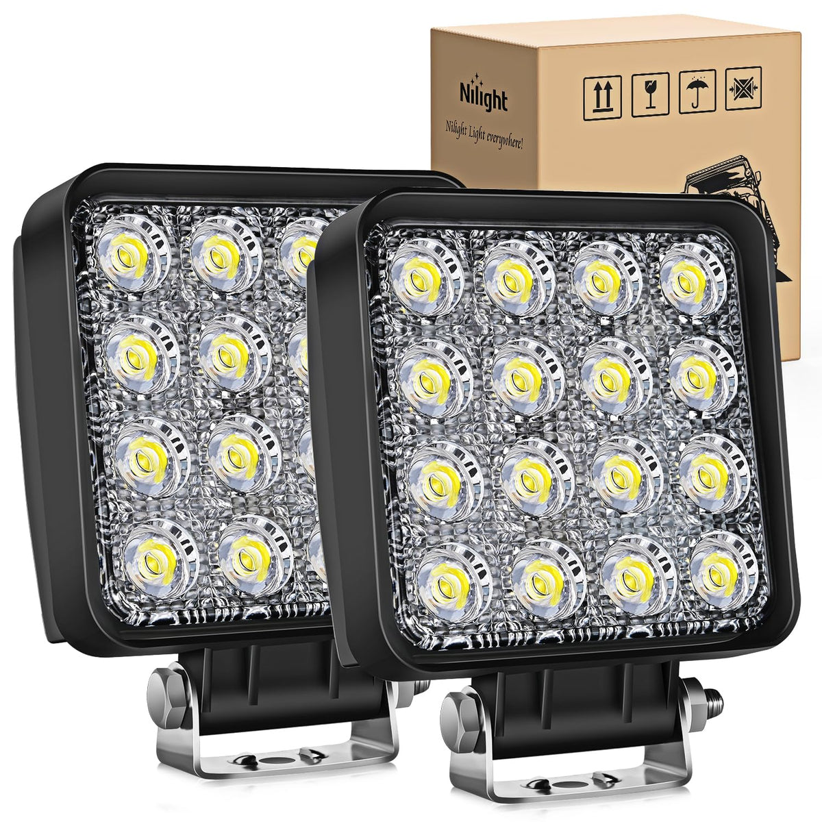 Nilight front-facing pair of square LED pods showing even flood coverage benefit