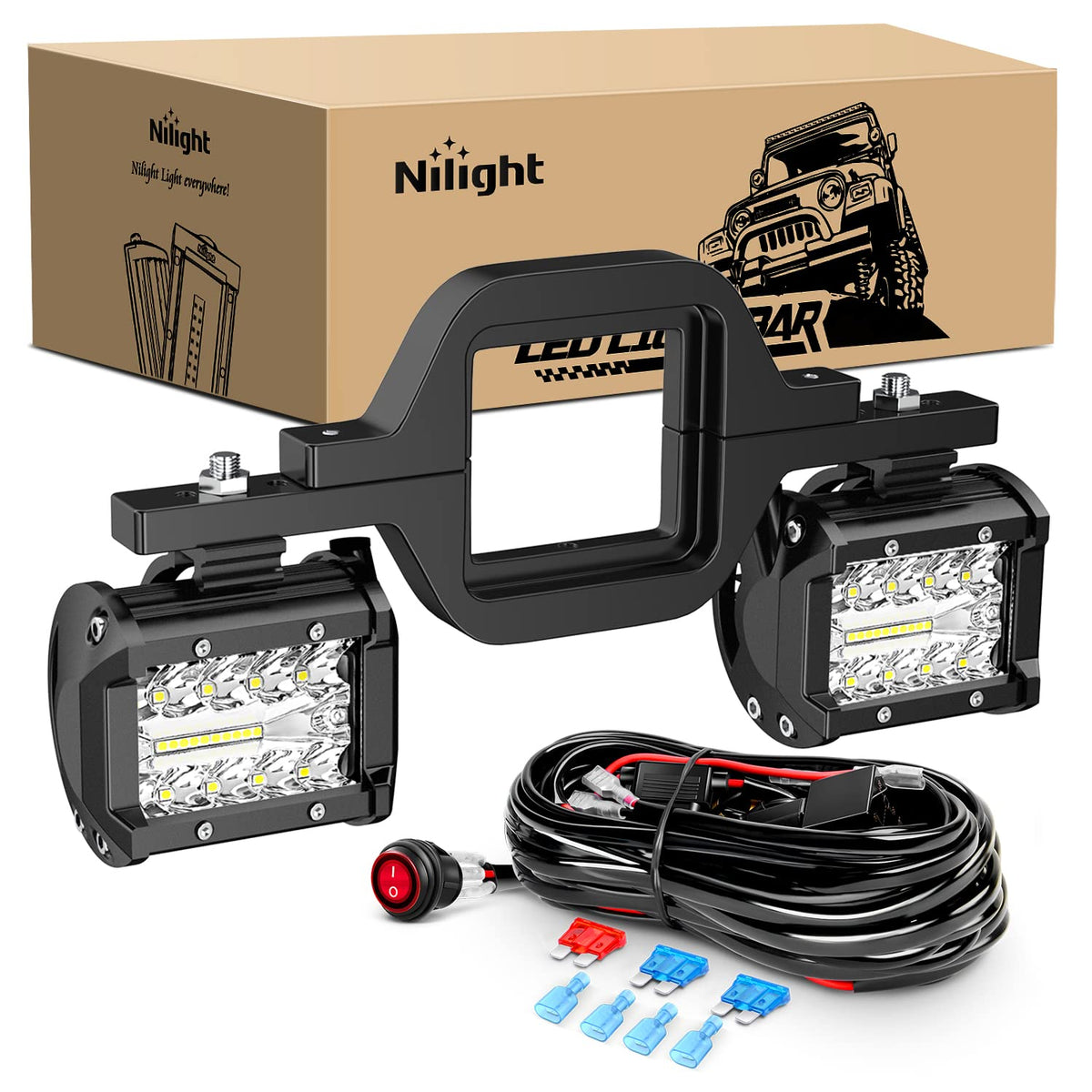 Nilight front-facing pods on bracket showing bright beam and rear visibility