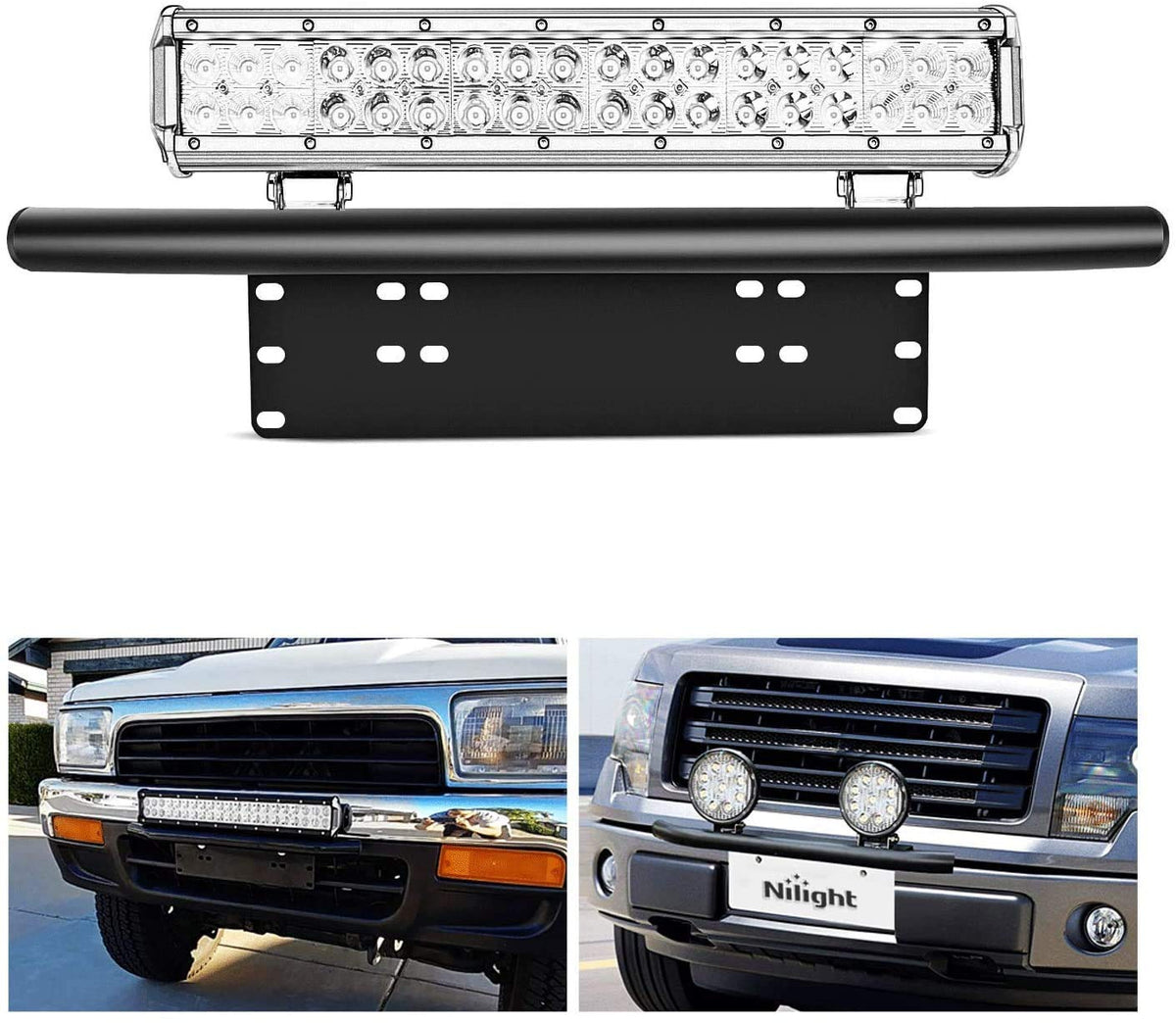 Nilight bracket mounted on front license plate showing secure light mounting benefit