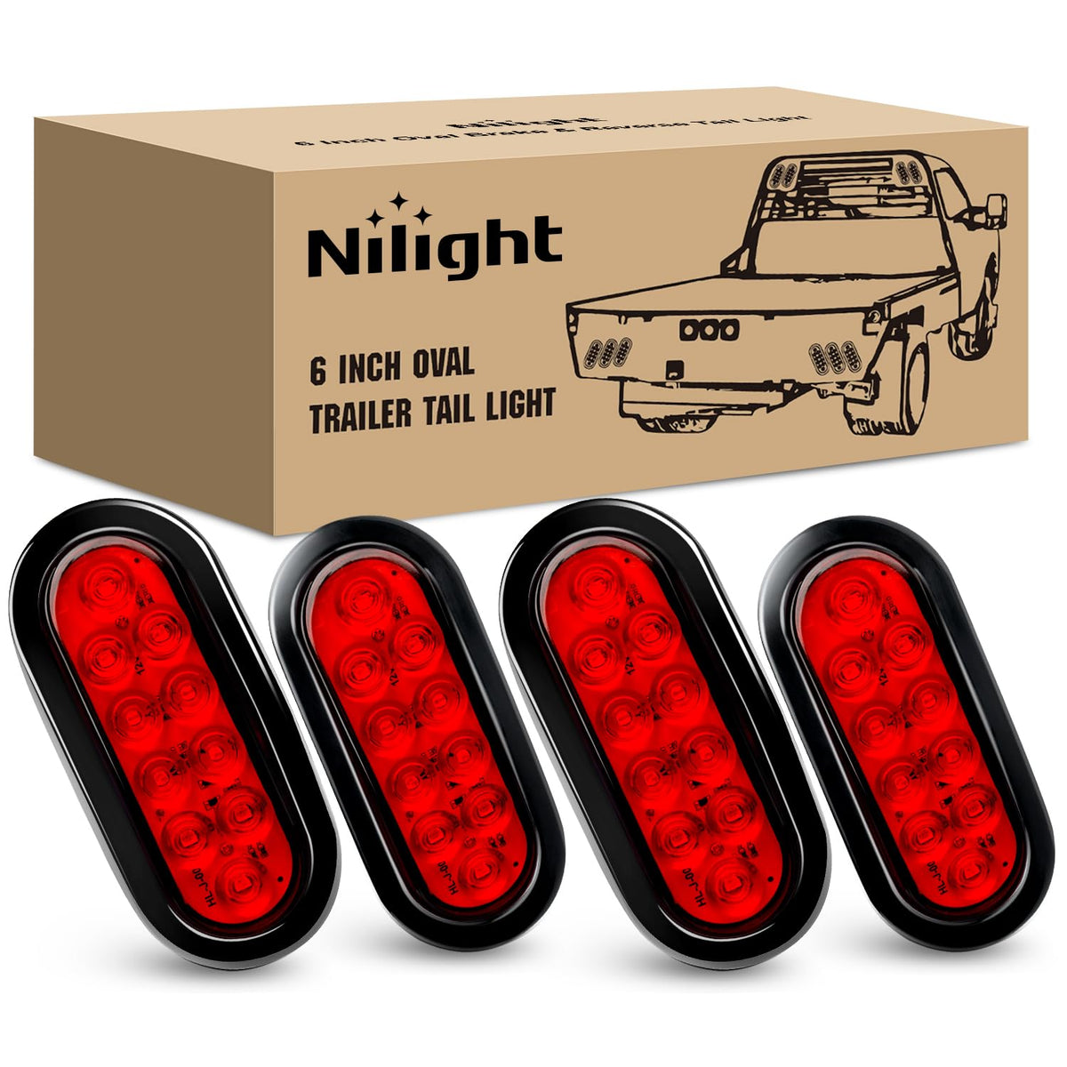 Nilight front view of four 6-inch oval red tail lights showing clear lens and brightness benefit