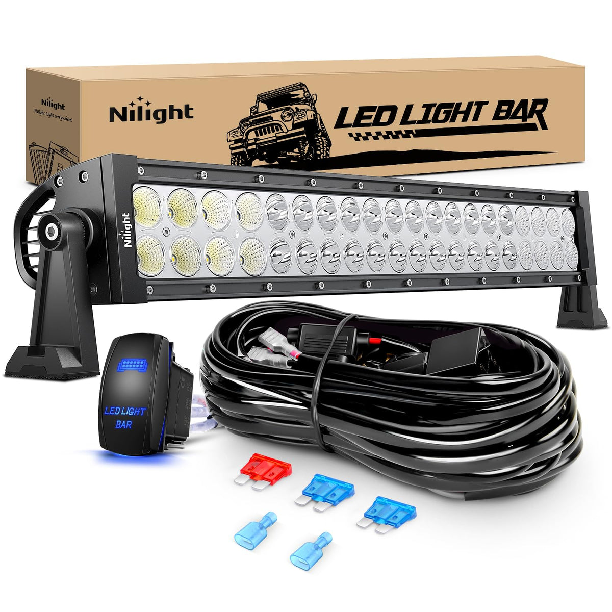 Nilight front view of 22in 120W LED light bar showing full length and lens benefits