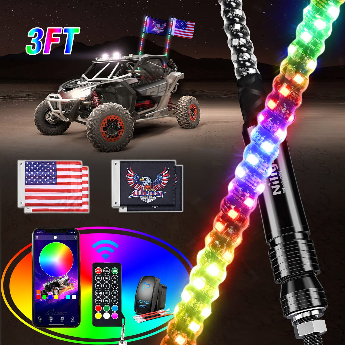 Nilight front view of twin 3ft RGB whip lights showcasing compact packaging and bright design