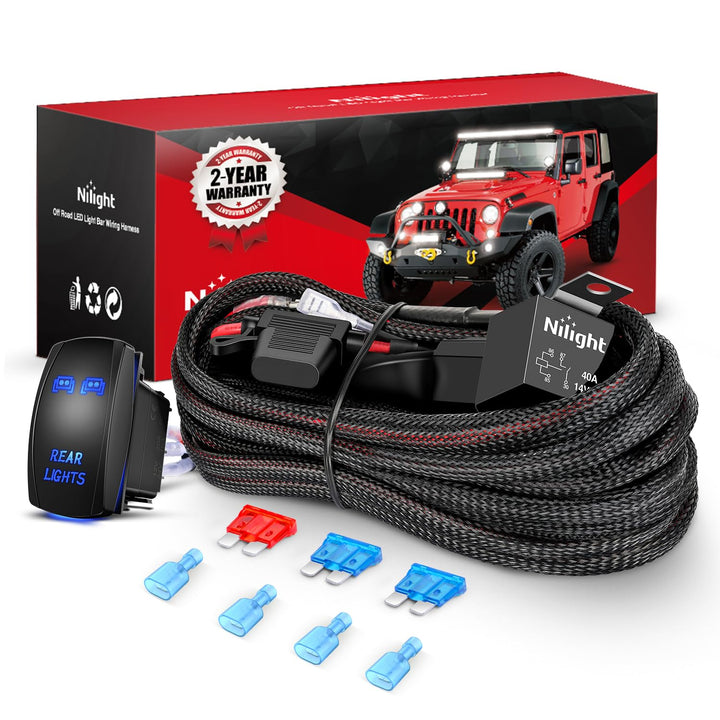 Nilight front packaging and switch showing kit contents and easy install benefit