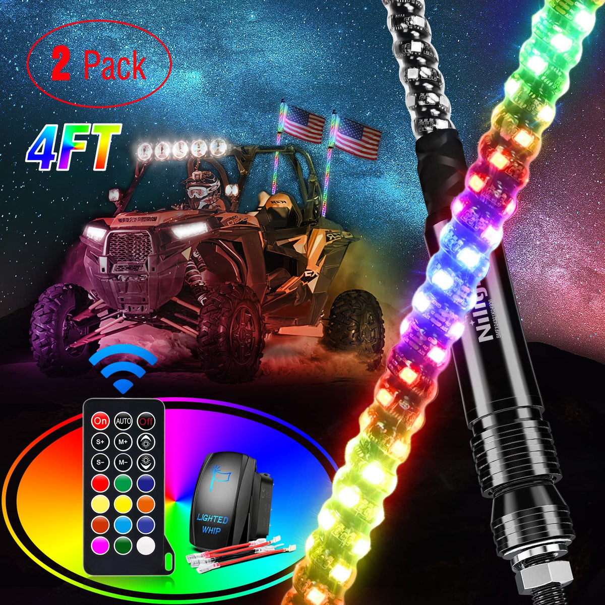 Nilight front view showing two 4ft whips and packaging, highlights visibility