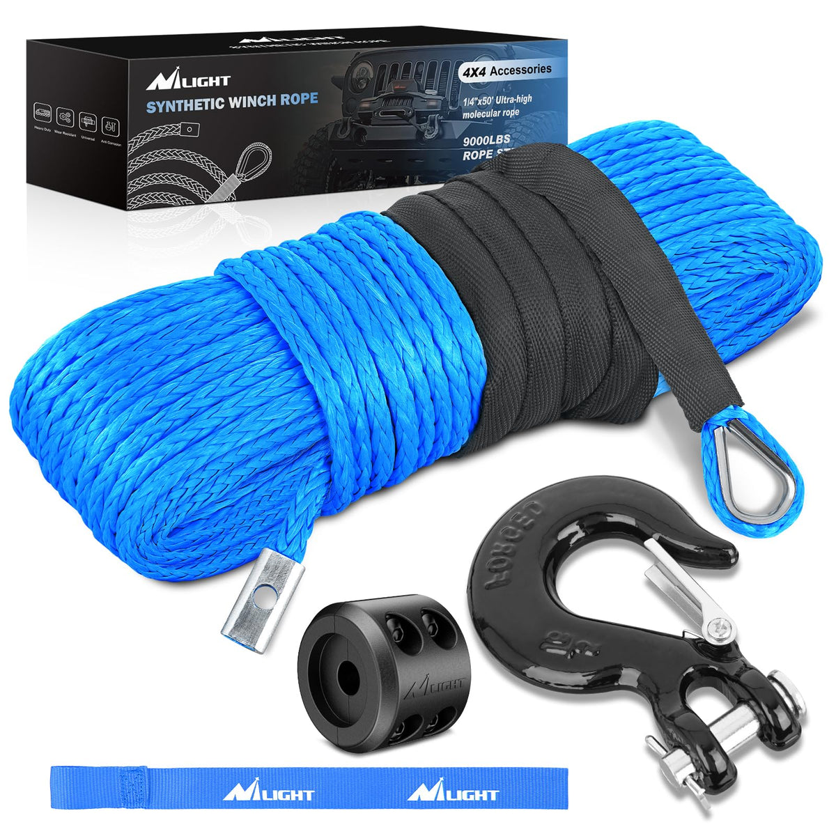 Nilight front view of blue synthetic winch rope showing compact packaging and easy handling benefit