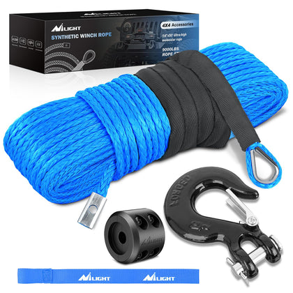 Nilight front view of blue synthetic winch rope showing compact packaging and easy handling benefit