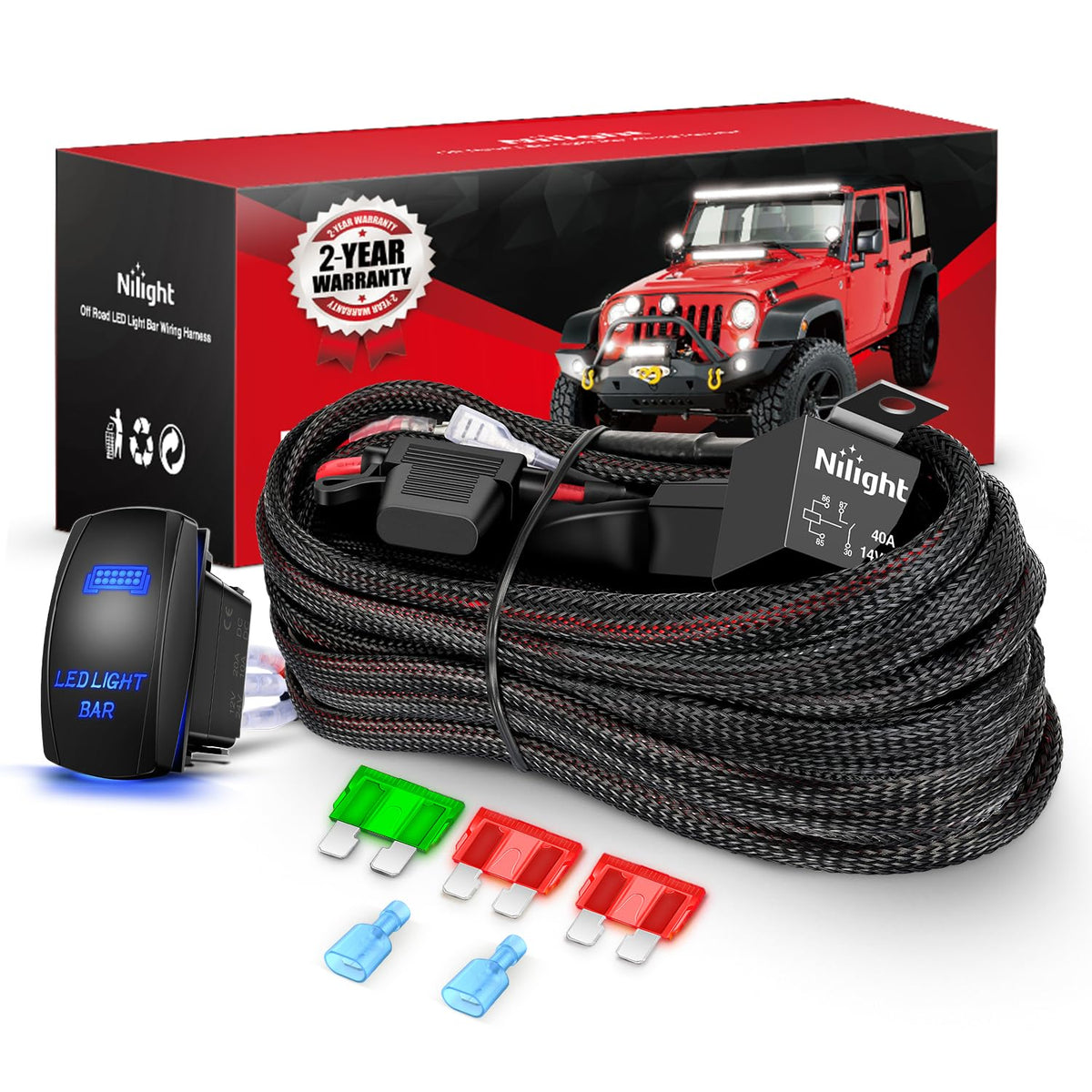 Nilight front packaging showing harness kit and included parts for straightforward installation