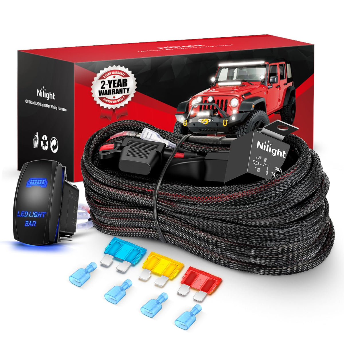 Nilight front packaging showing harness kit and components for easy identification and purchase