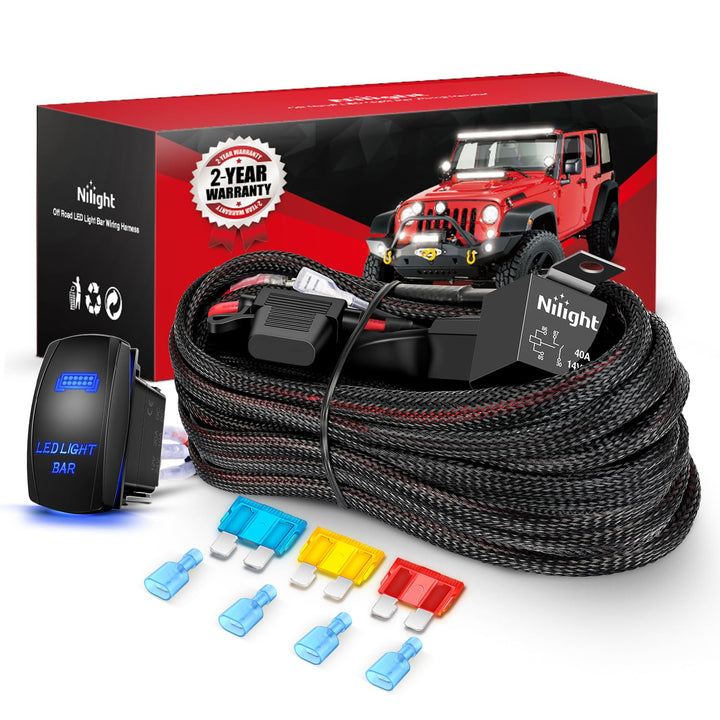 Nilight front packaging showing harness kit and components for easy identification and purchase