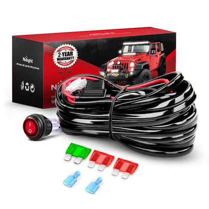Nilight front packaging and complete harness kit showing included components and benefit of ready installation