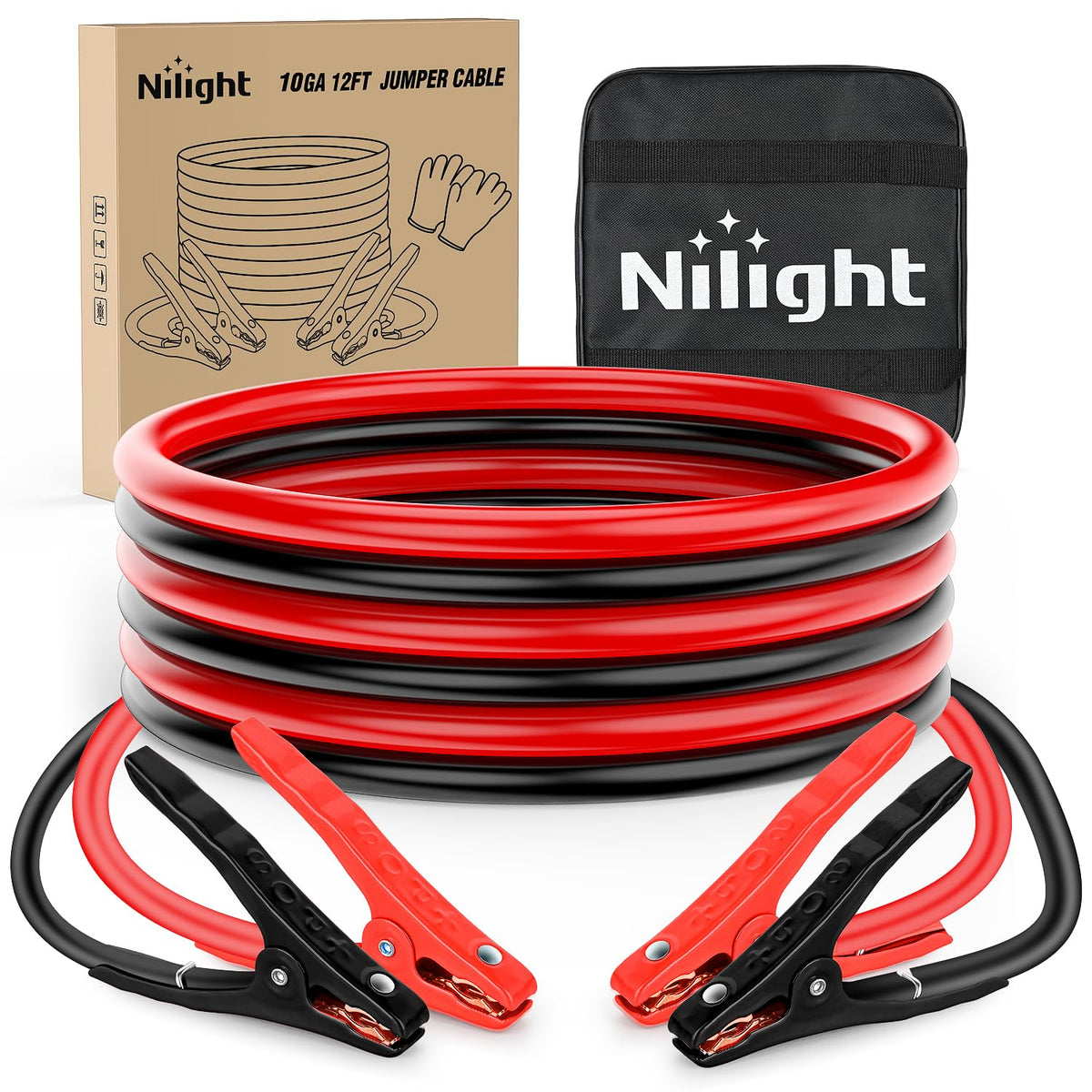 Nilight front packaging showing full jumper cable kit and features benefit quick access