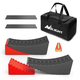 Nilight front packaging showing two red RV levelers and chocks for fast setup