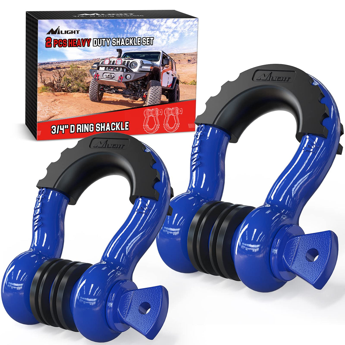 Nilight front view of 2-pack shackles showing included hardware and compact packaging benefit