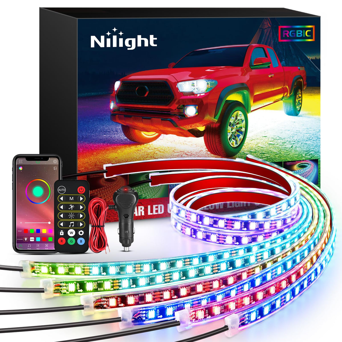 Nilight front packaging showing complete underglow kit and benefits