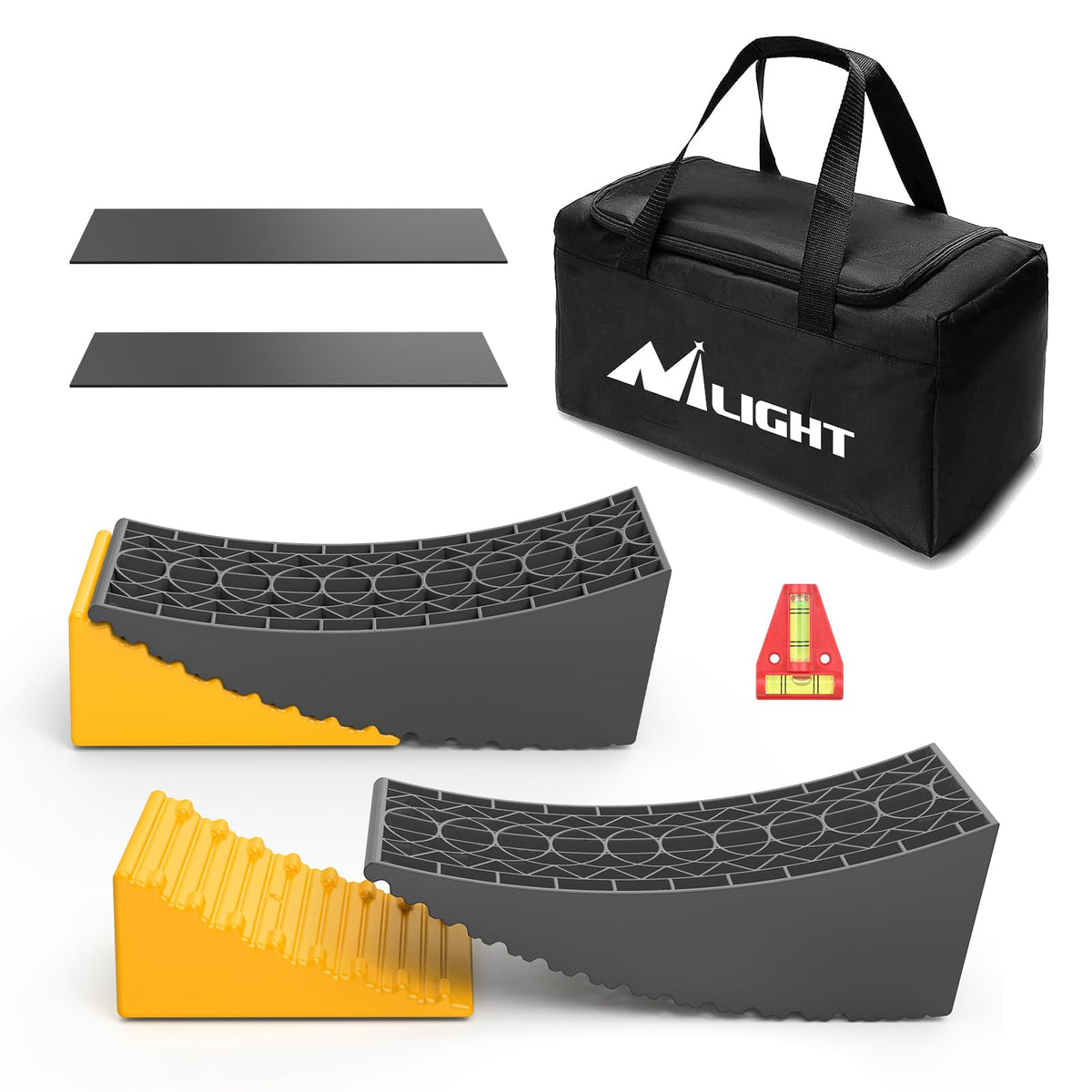 Nilight front packaging showing two yellow levelers and chocks for easy identification and packing
