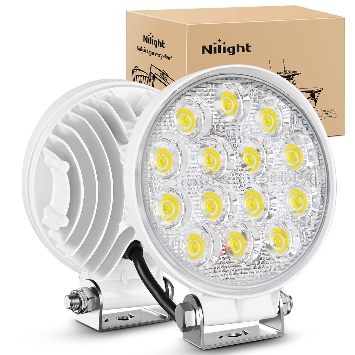 Nilight front view of two marine LED pods showing compact rugged design and bright benefit