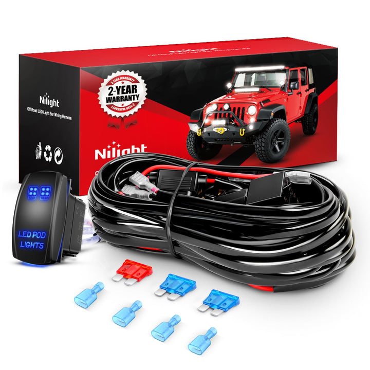 Nilight front packaging showing complete harness kit and components for secure install