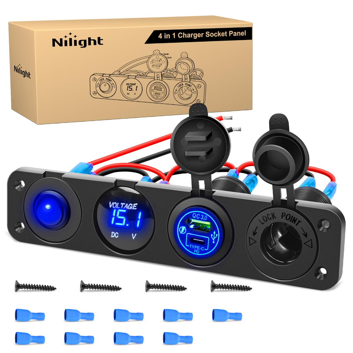 Nilight front panel showing ports and rocker switch for organized charging