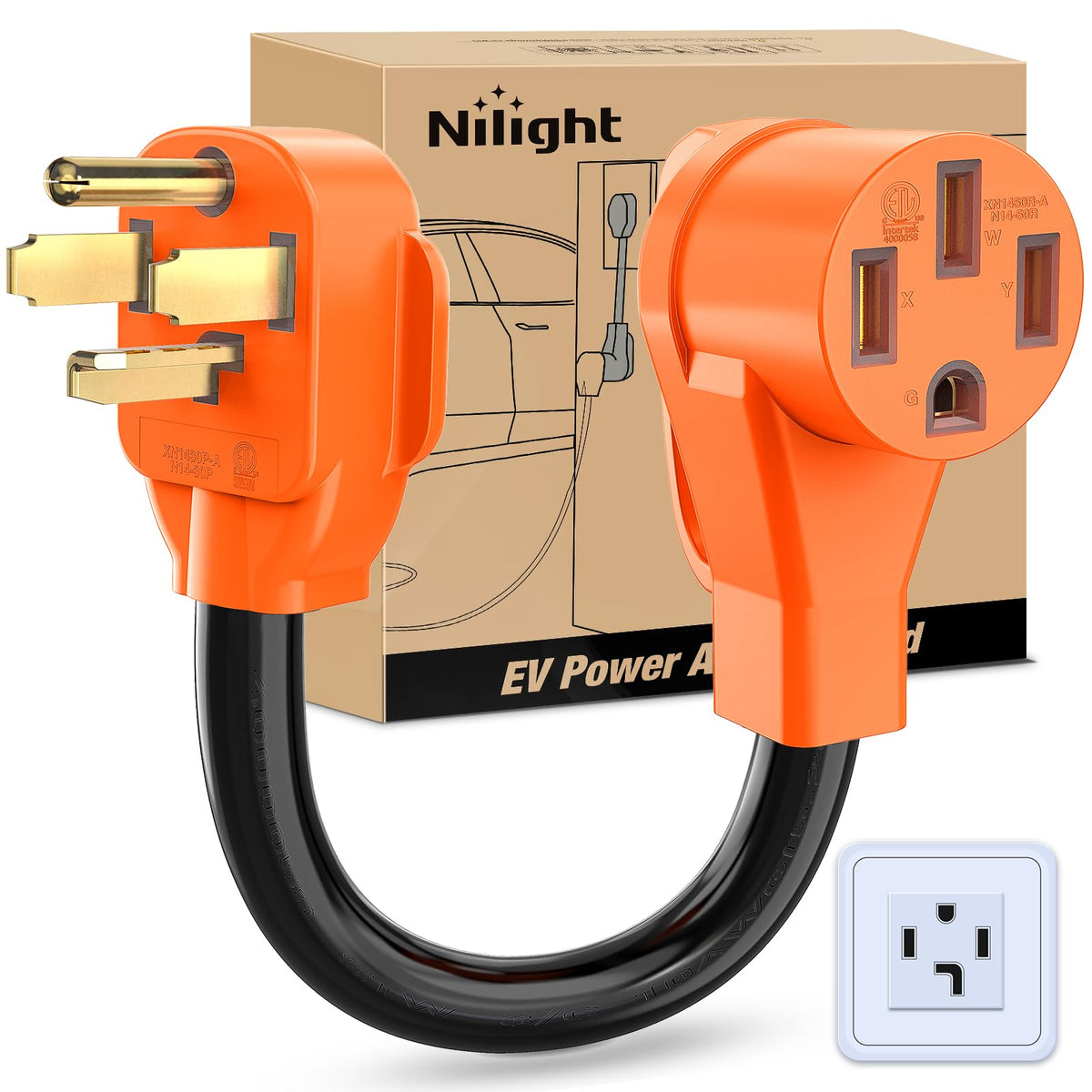Nilight front plug view showing 14-30P to 14-50R connection and clear fit