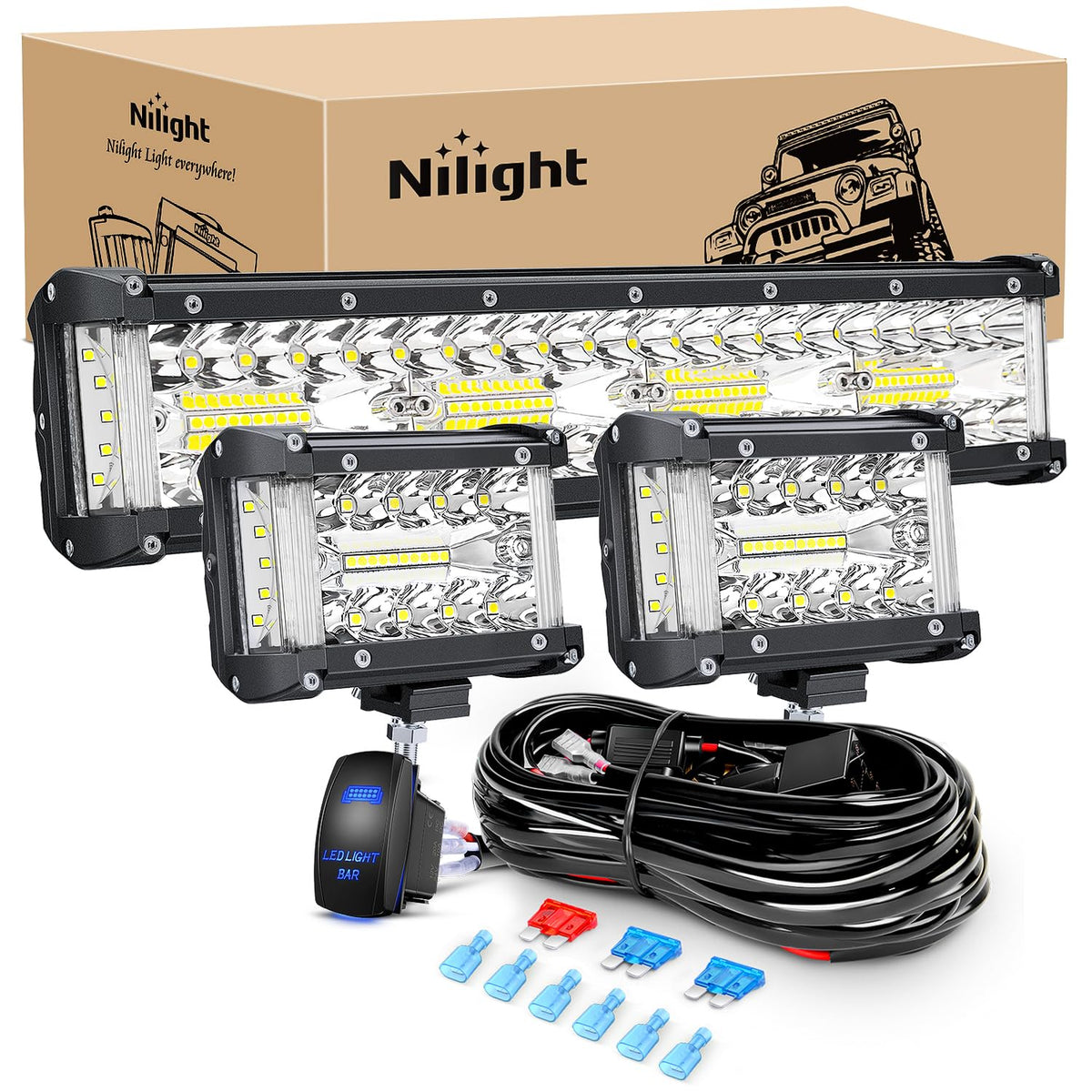 Nilight front view of 12-inch bar with two pods showing full kit and powerful illumination