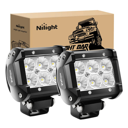 Nilight front view 18W flood pod showing beam array and durable housing benefits