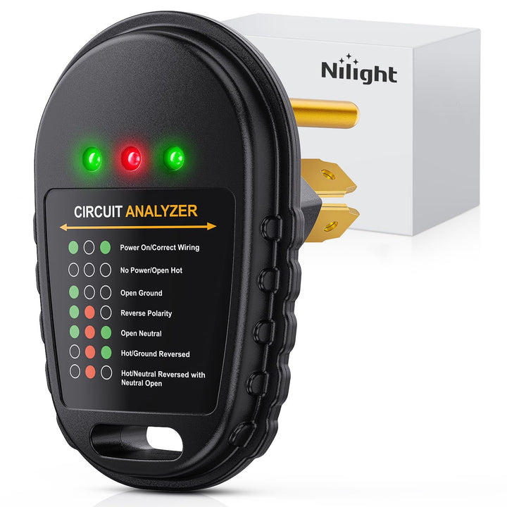 Nilight front view showing 30A TT-30P plug and LED indicators for fast diagnostics