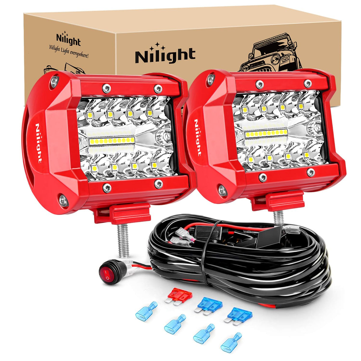 Nilight front view of 4-inch LED light bar showing compact beam output for improved visibility