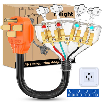Nilight front view of adapter showing four outlets and 50A plug for versatile power