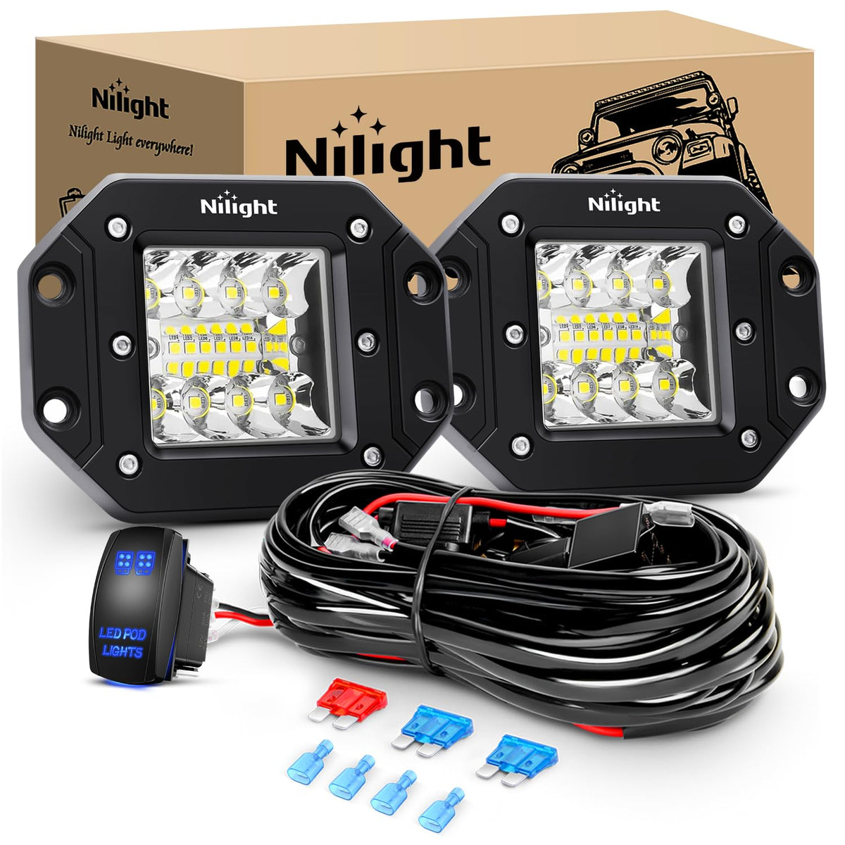 Nilight front view of flush mount pods showing compact profile and bright output