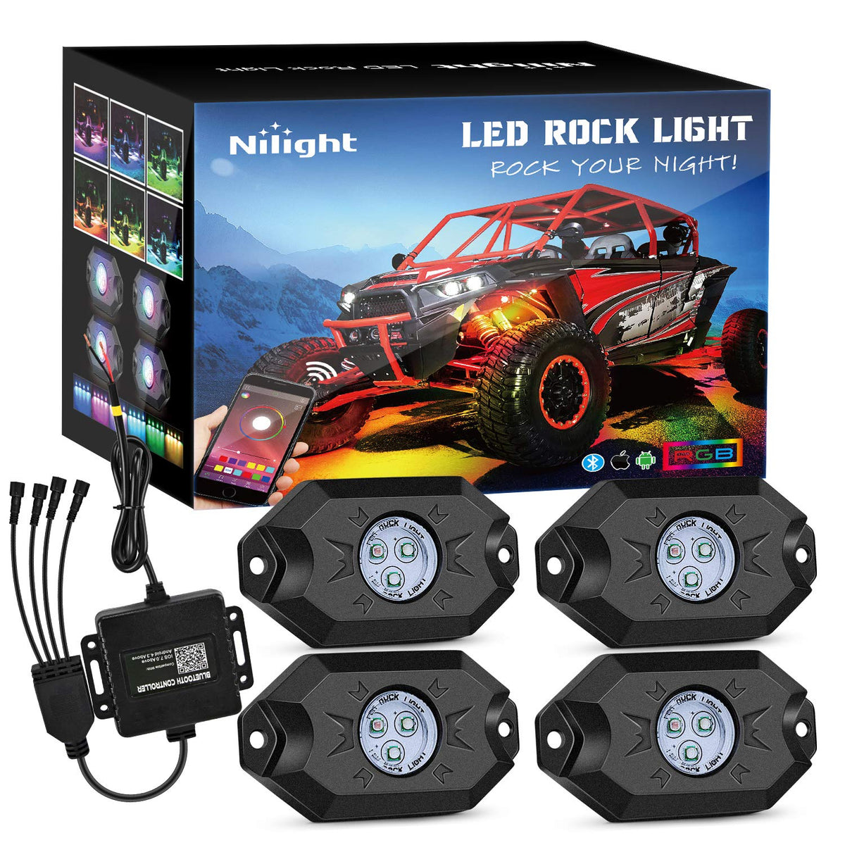 Nilight front view of four pods showing compact underglow kit and easy install benefit