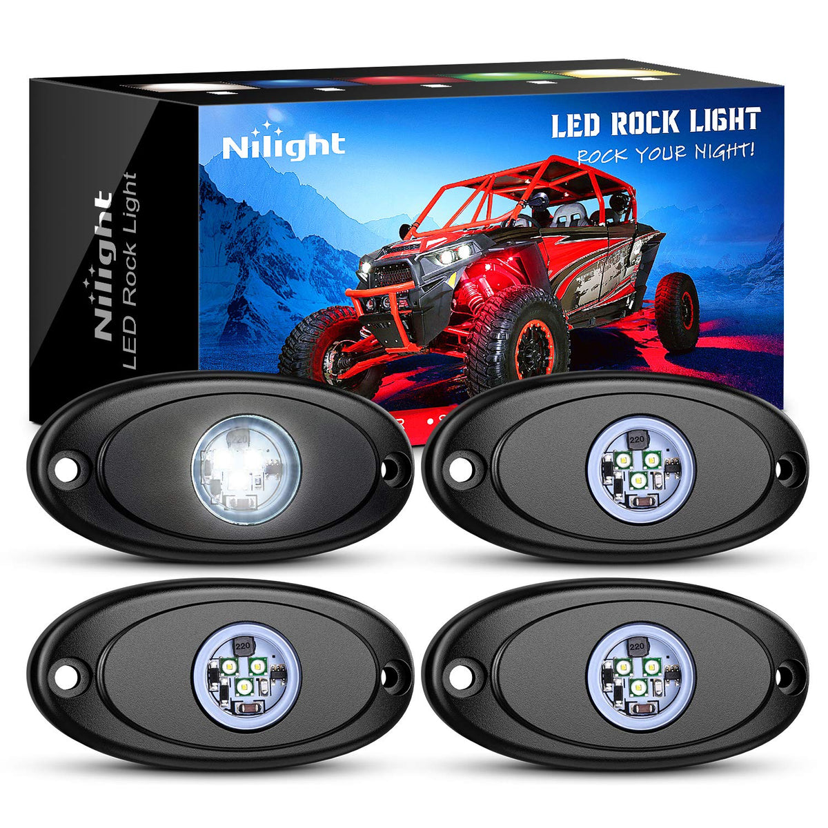 Nilight front view of four white LED rock light pods showing compact design and uniform output