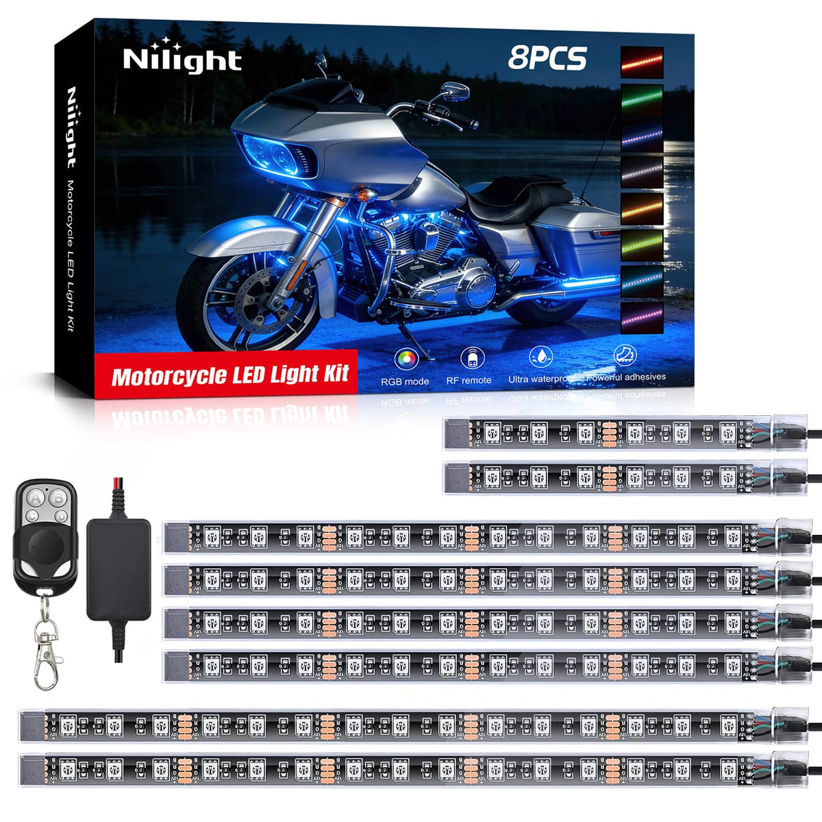 Nilight front view kit on motorcycle showing bright RGB underglow and improved nighttime presence