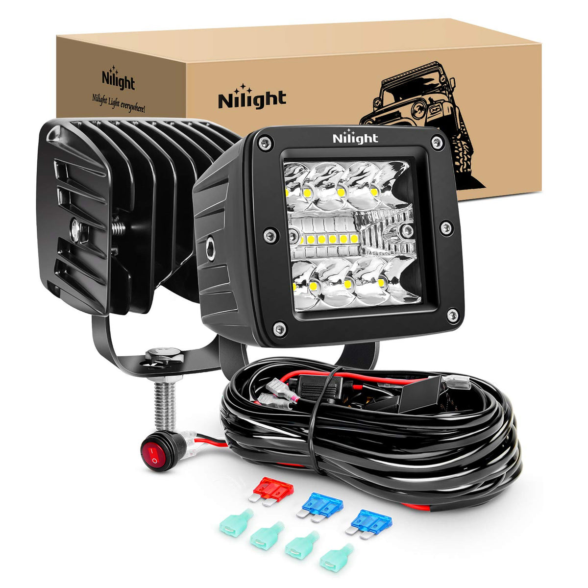 Nilight front view of cube light showing lens and bright output for improved visibility