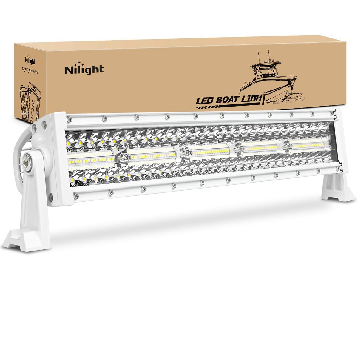 Nilight front view of 22-inch light bar showing bright navigation beams for safety