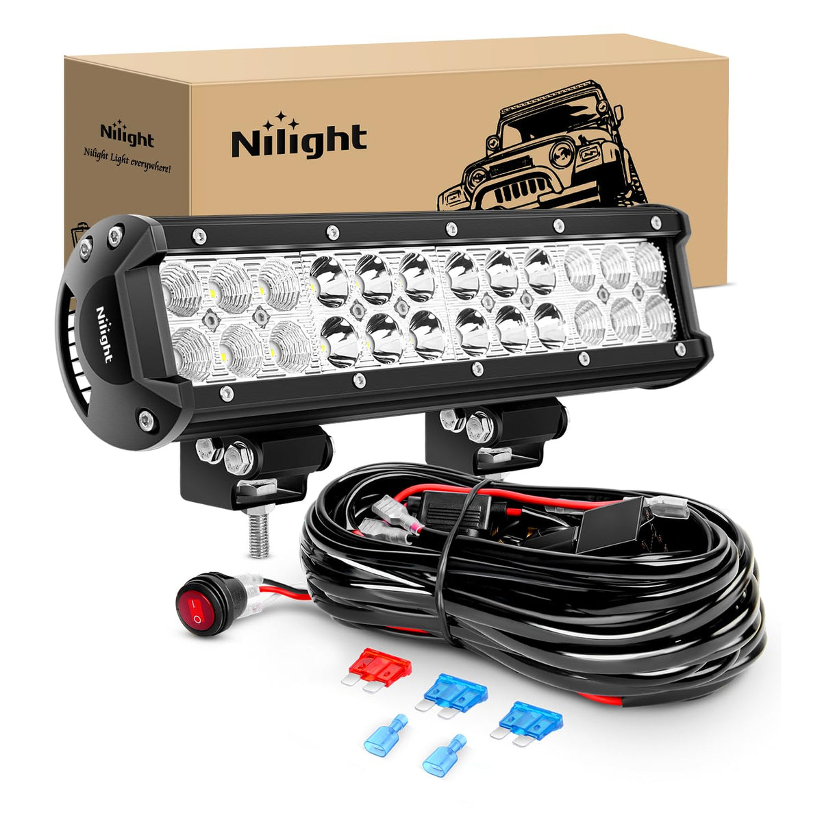 Nilight front view of 12-inch 72W combo LED light bar showing powerful beam