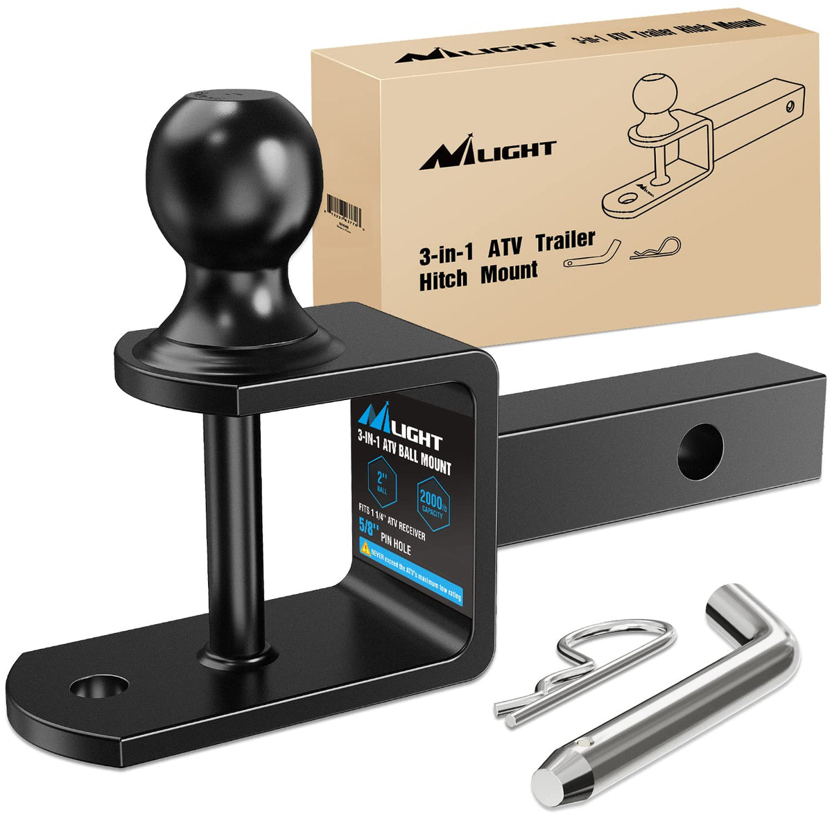 Nilight front view of 3-in-1 hitch showing ball and shank, durable towing solution