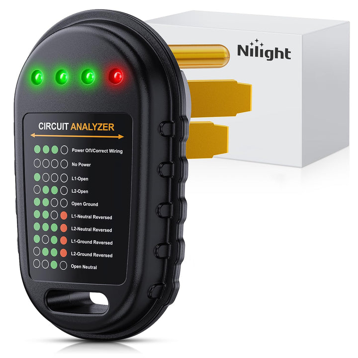 Nilight front view showing NEMA 14-50P plug and diagnostic LEDs for safe hookups