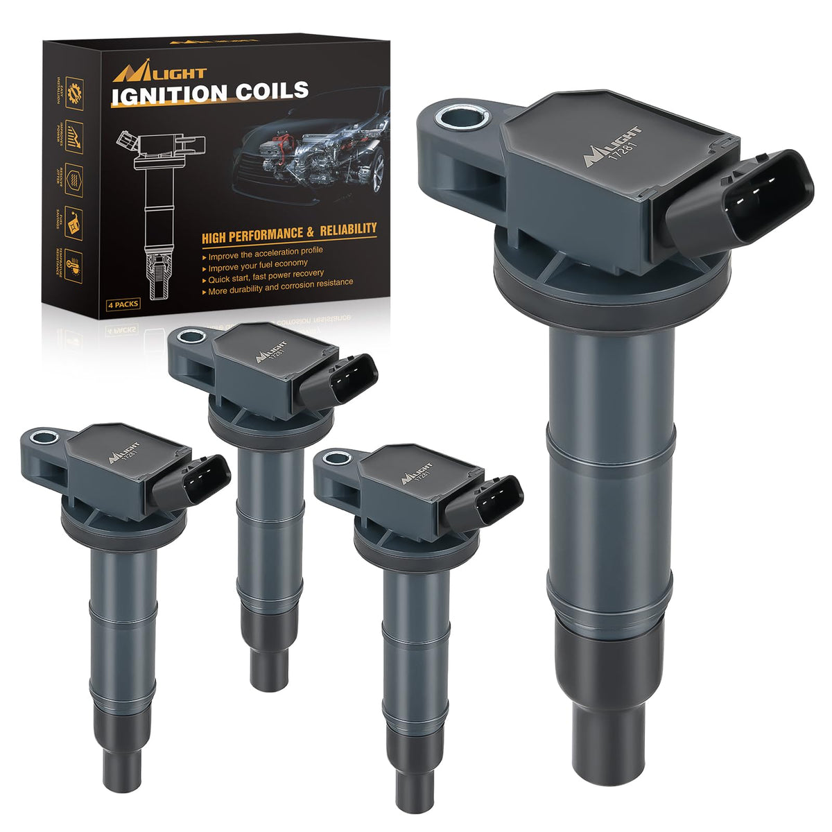 Nilight front view packaging showing set of four coils and clear fitment information benefit: easy identification