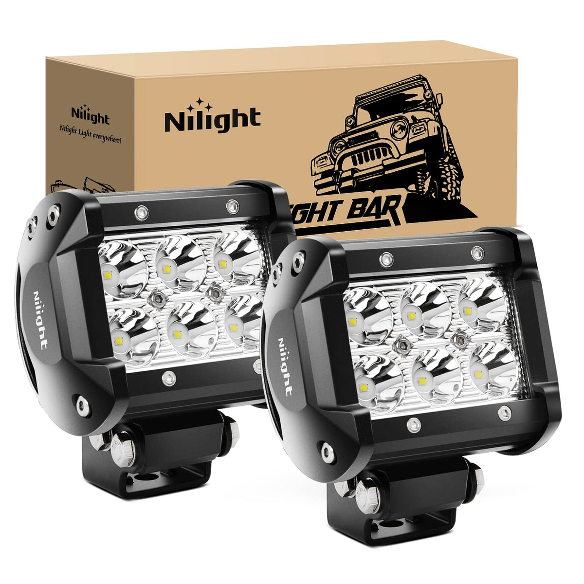 Nilight front view of LED pods showing bright focused beam for long-range visibility