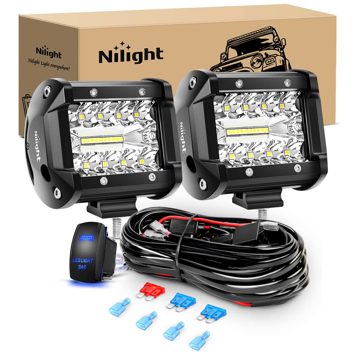 Nilight front view pair showing compact pods and bright lens for improved visibility