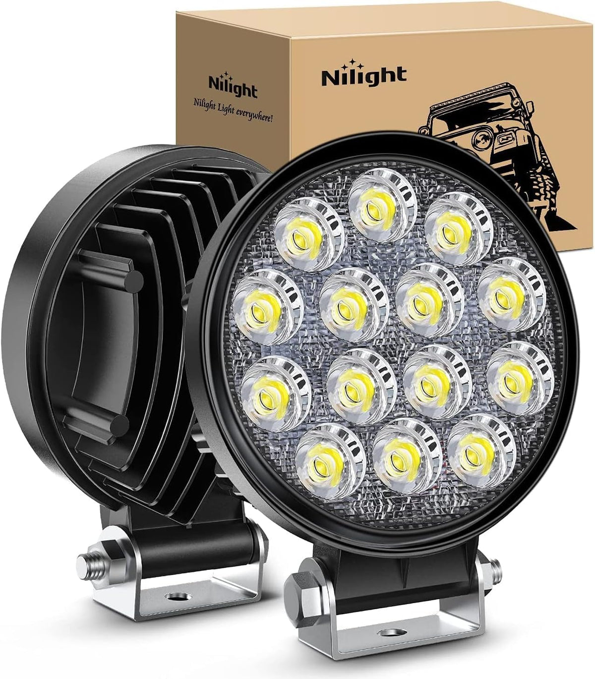 Nilight front view pair showing rugged lens and wide flood benefit